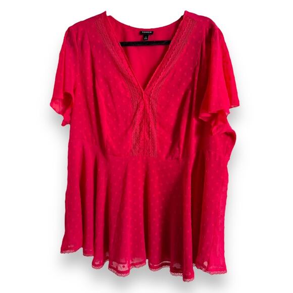 Torrid Womens Blouse 2 2X 18 20 Viva Magenta Peplum Chiffon Clip Dot Lace Inset - Picture 6 of 9